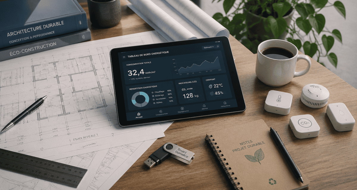 Bâtiment intelligent avec plans, capteurs IoT et tableau énergétique