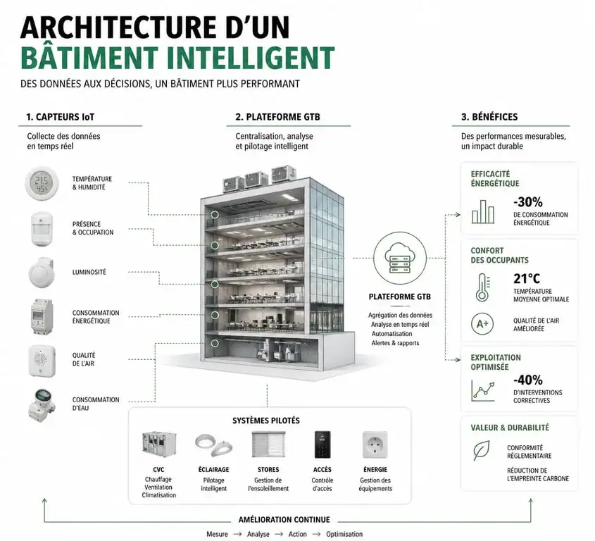 Schéma de fonctionnement d'un bâtiment intelligent avec IoT et GTB pour l'efficacité énergétique