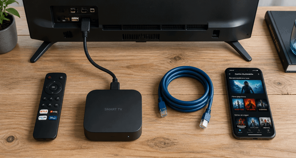 boîtier smart tv comment ça marche vu de dos avec accessoires