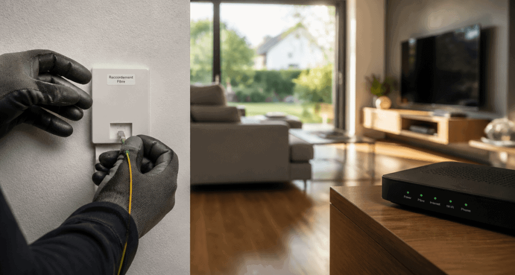 branchement fibre maison prise PTO technicien