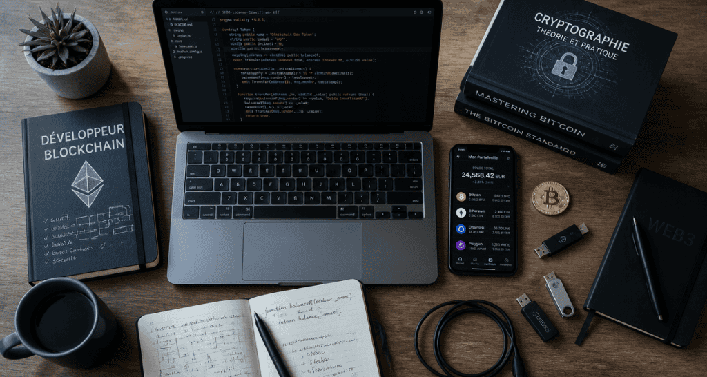Bureau développeur blockchain avec ordinateur et portefeuille crypto