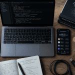 Bureau développeur blockchain avec ordinateur et portefeuille crypto