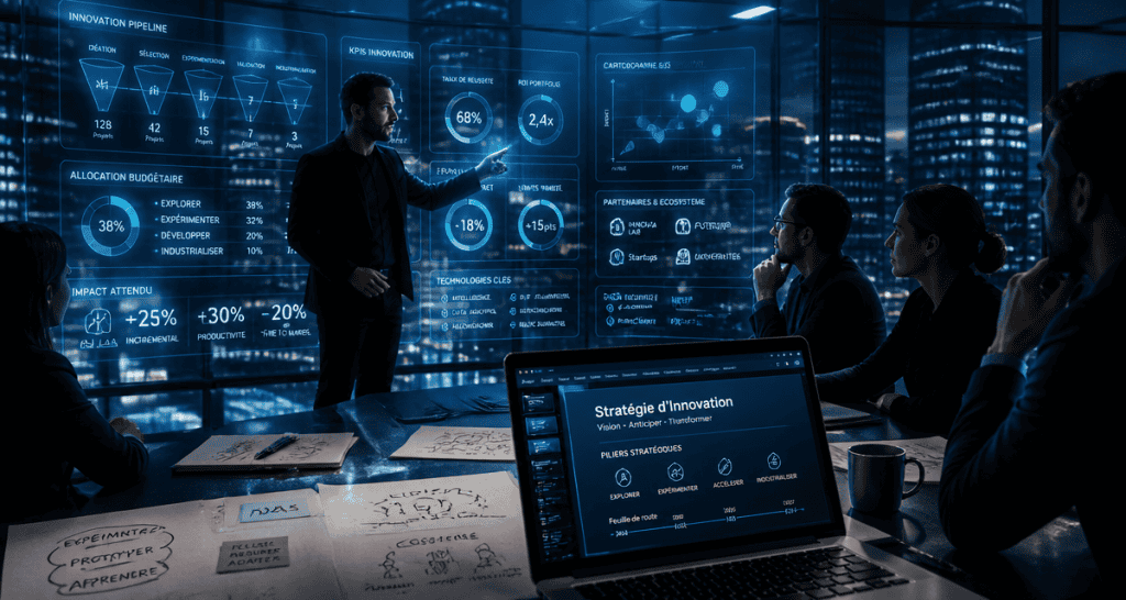 Chief innovation officer devant mur digital en réunion