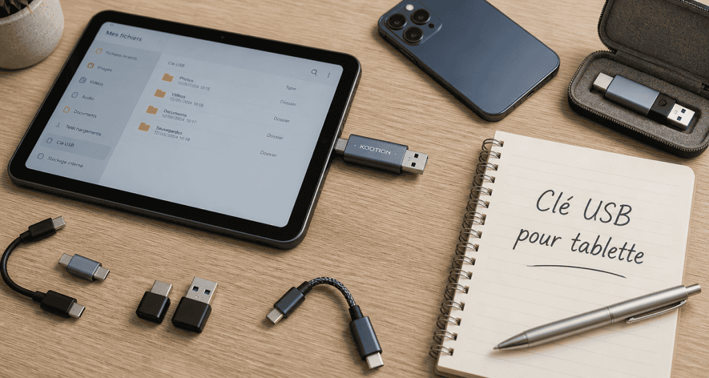 Clé USB pour tablette connectée à une tablette sur bureau