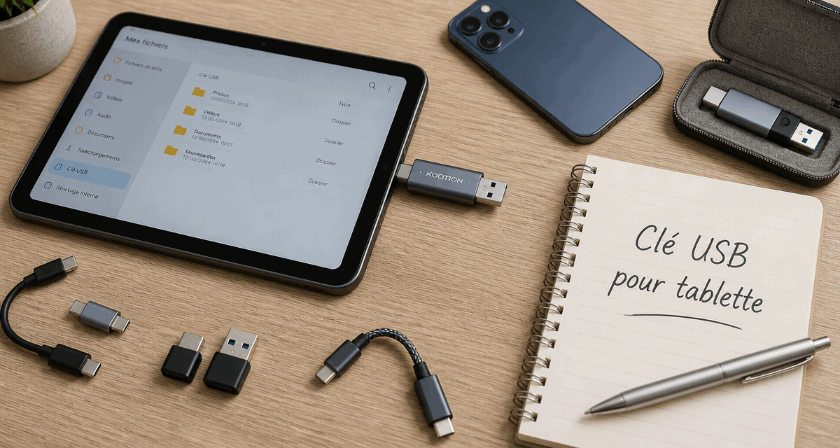 Clé USB pour tablette connectée à une tablette sur bureau