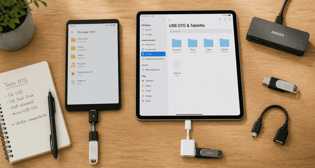 tablette et clé USB connectées avec adaptateur OTG