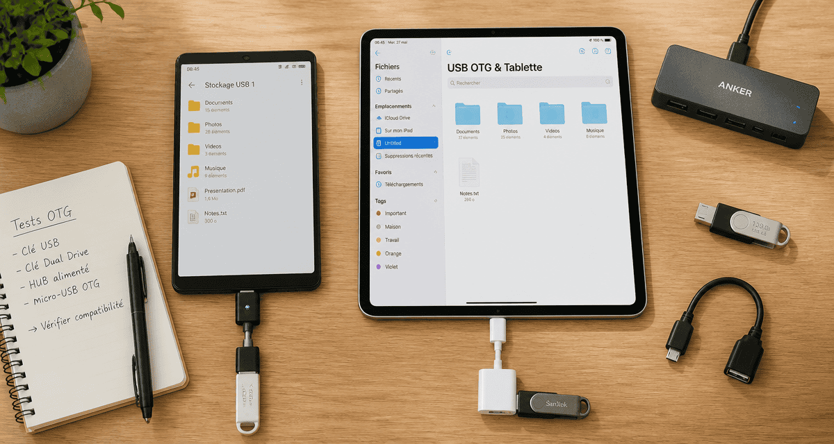 tablette et clé USB connectées avec adaptateur OTG