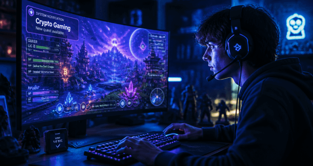crypto gaming jeune gamer devant écran blockchain