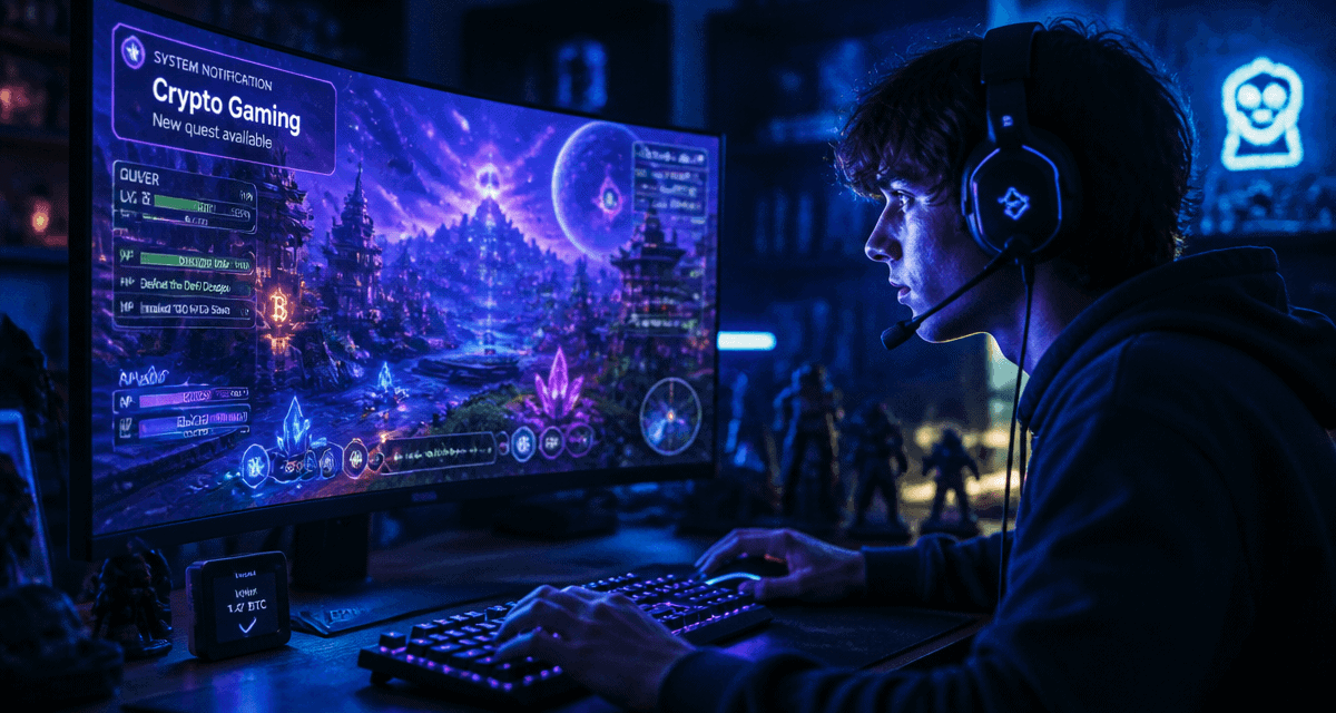 crypto gaming jeune gamer devant écran blockchain
