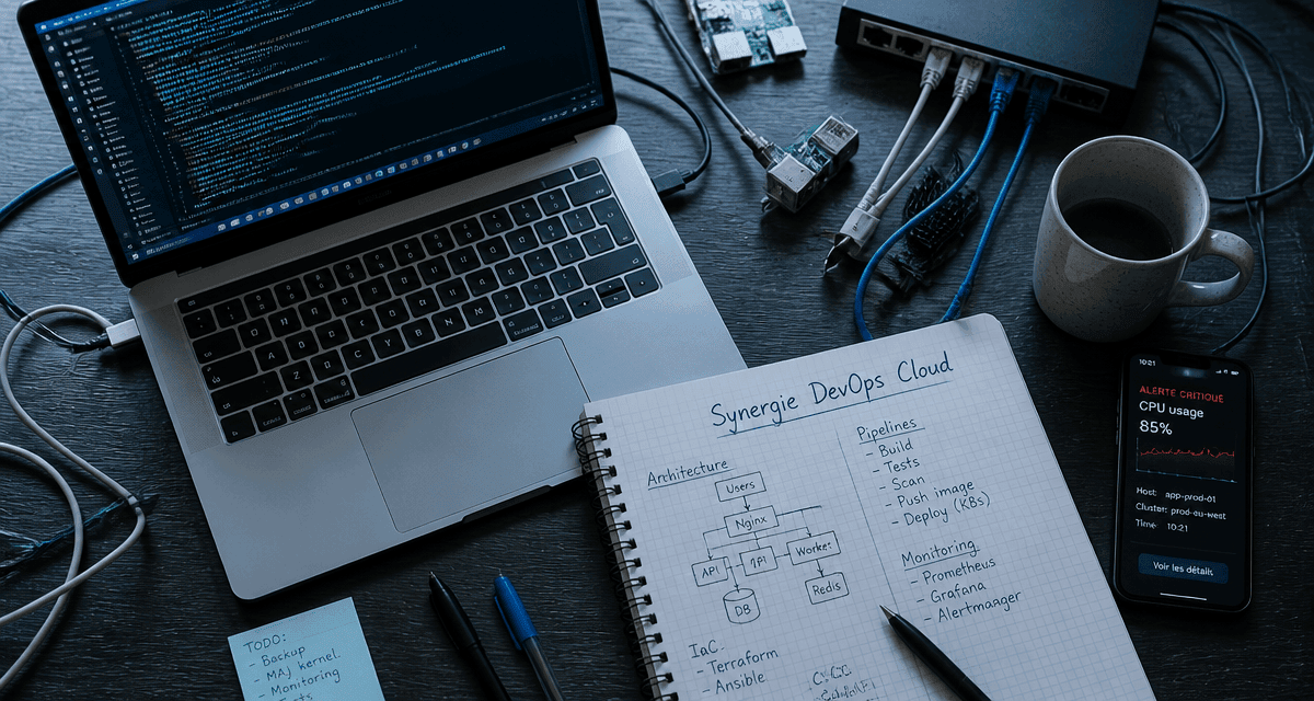 bureau devops cloud avec laptop et carnet
