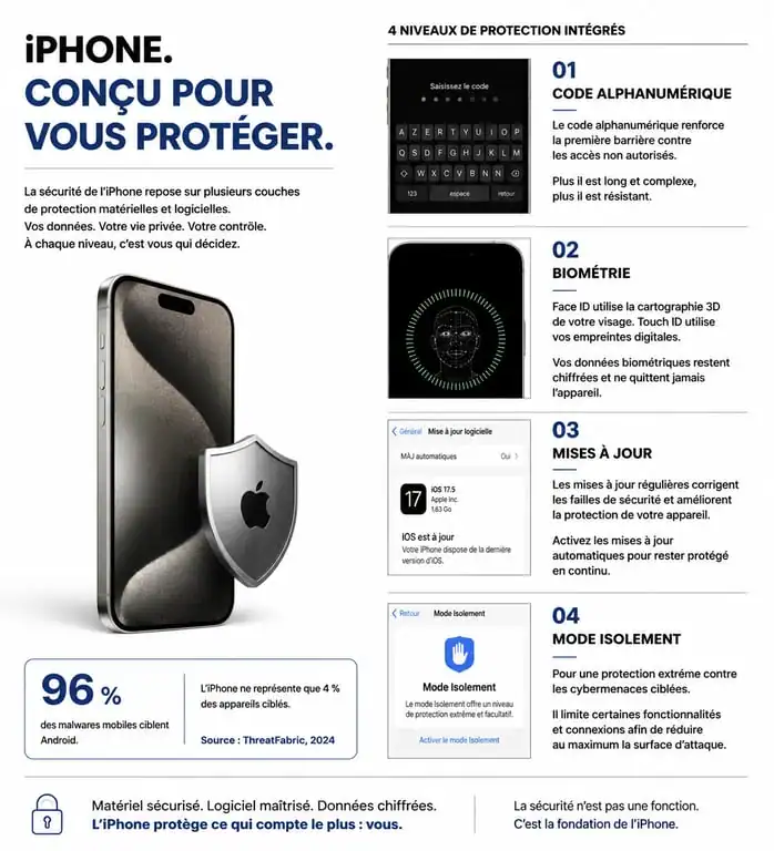 Infographie des niveaux de protection pour sécuriser son iPhone contre le piratage
