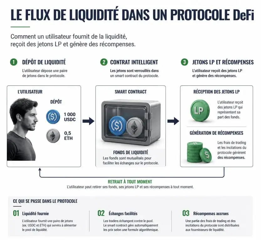 Schéma explicatif du fonctionnement du yield farming et des pools de liquidité