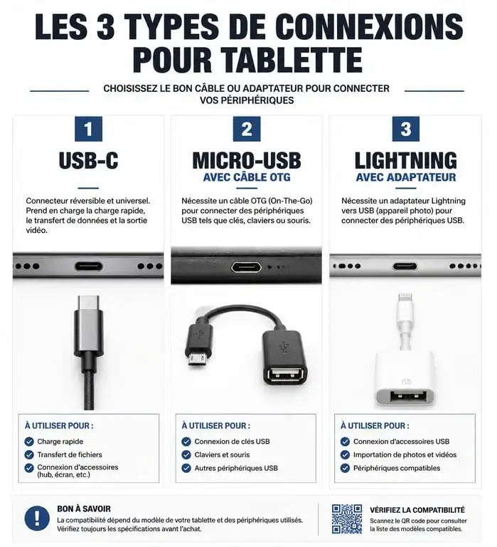 Schéma des adaptateurs et connexions pour tablette et clé USB