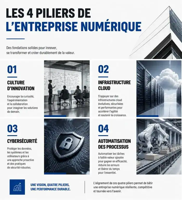 Infographie des 4 piliers de la transformation vers une entreprise numérique performante