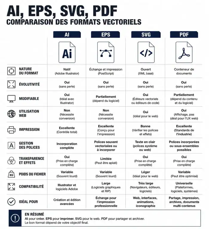 Infographie comparative des formats de fichiers vectoriels AI, EPS, SVG et PDF pour le design graphique