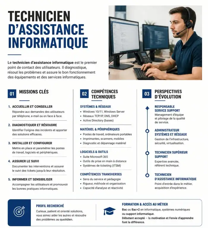 Infographie métier technicien assistance informatique : missions, compétences et perspectives d'emploi