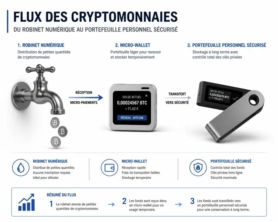 Schéma du fonctionnement d'un faucet crypto et transfert vers un portefeuille personnel