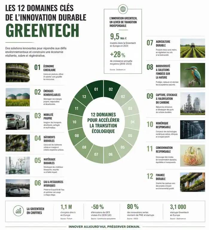 Infographie des 12 thématiques clés des innovations Greentech en France