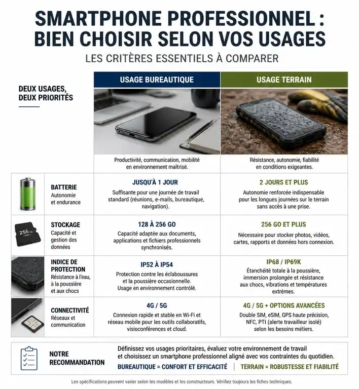 Infographie comparative des critères de choix d'un smartphone professionnel pour usage bureautique ou terrain