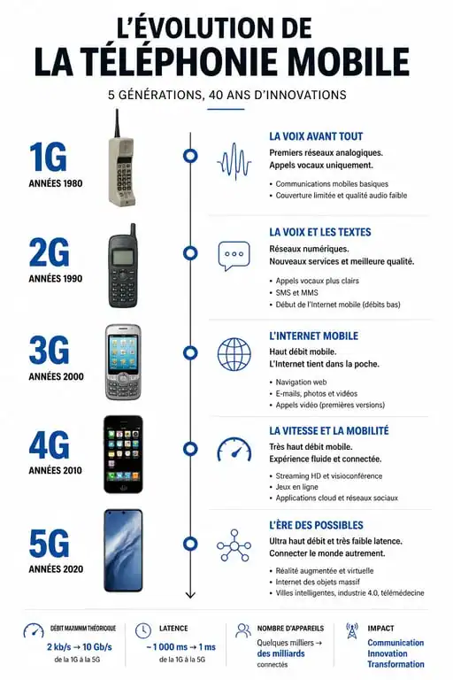 Infographie de l'évolution des générations de téléphonie mobile 1G, 2G, 3G, 4G et 5G