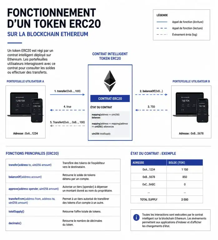 Schéma explicatif du fonctionnement d'un token ERC20 sur Ethereum