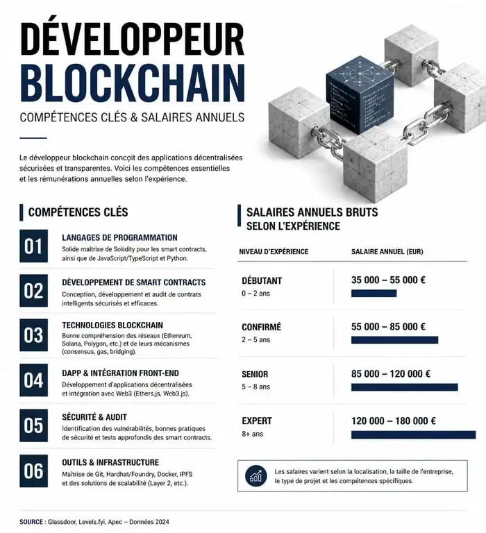 Infographie des compétences et salaires du développeur blockchain