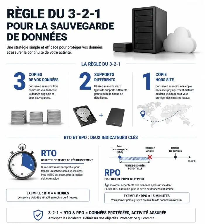 Infographie expliquant la règle du 3-2-1 et les indicateurs RTO et RPO pour une solution de sauvegarde entreprise
