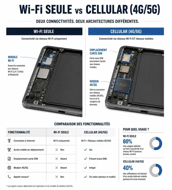 Schéma explicatif des différences entre tablette Wi-Fi et tablette Cellular pour téléphoner