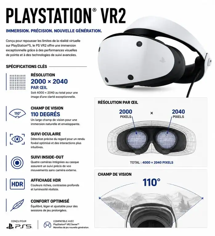 Infographie des spécifications techniques du casque PSVR 2.0 pour une immersion haute fidélité