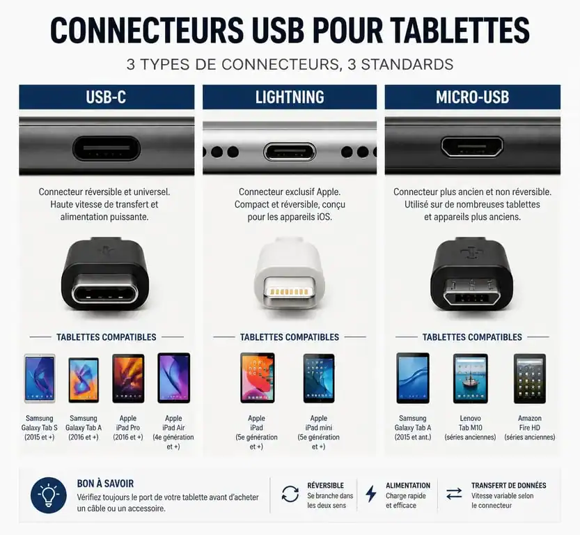 Schéma des connecteurs de clé usb pour tablette : USB-C, Lightning et Micro-USB