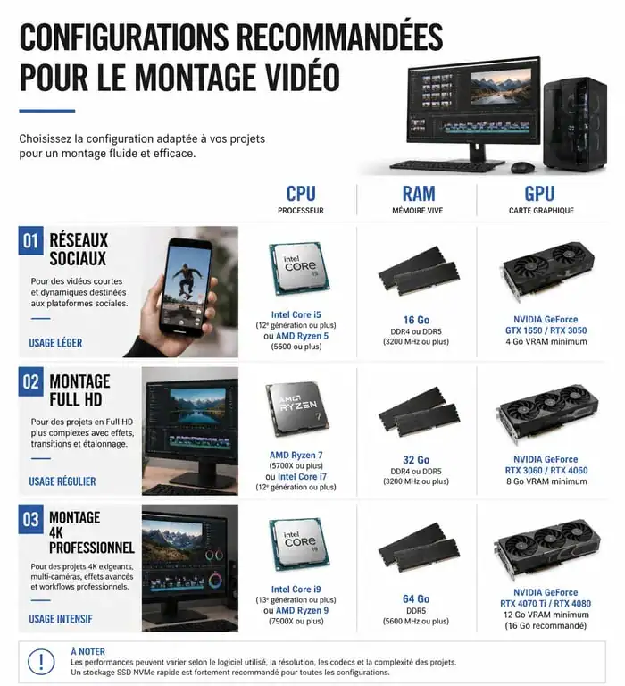 Infographie des configurations recommandées pour un ordinateur portable de montage vidéo selon l'usage