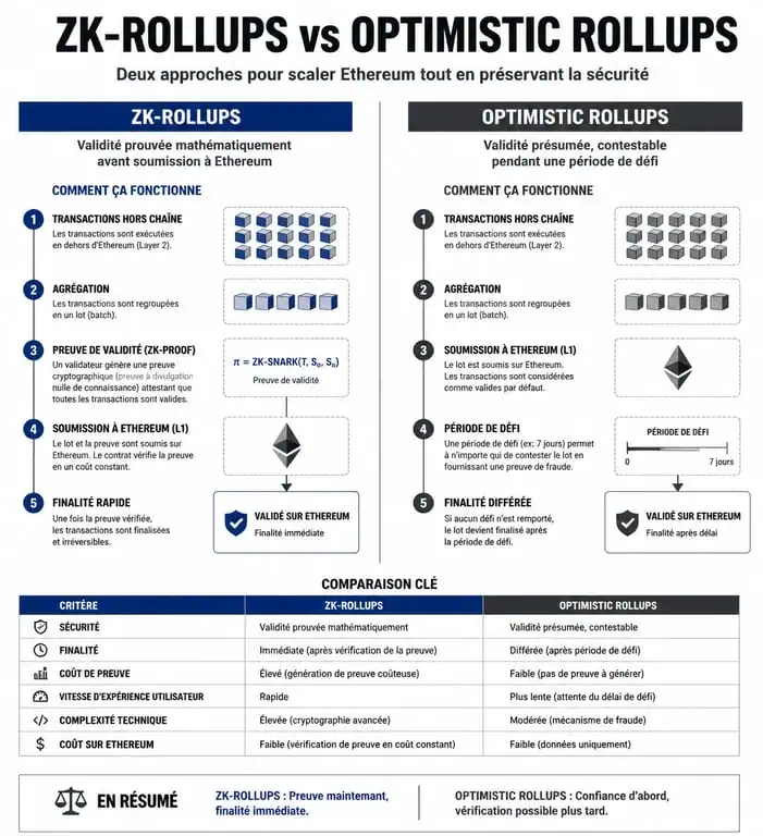 Infographie comparative : ZK-Rollups vs Optimistic Rollups pour la technologie zk crypto