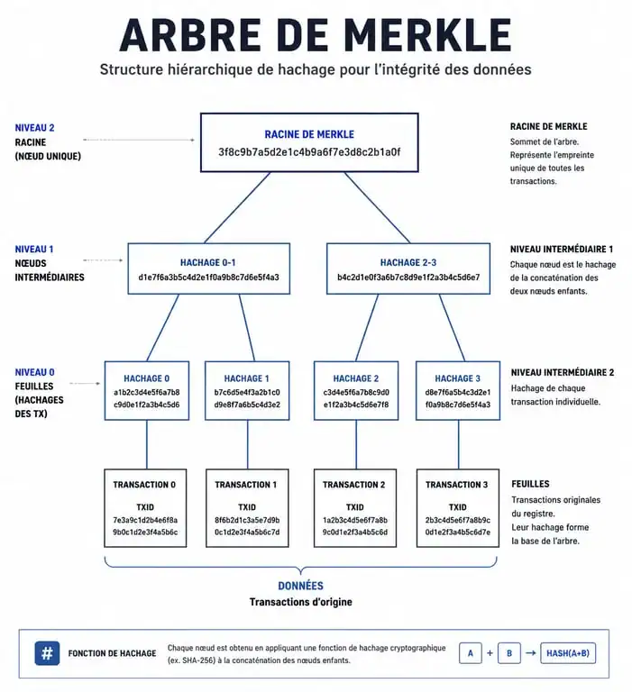 Schéma explicatif d'un arbre de Merkle montrant le calcul de la Merkle root à partir de transactions blockchain