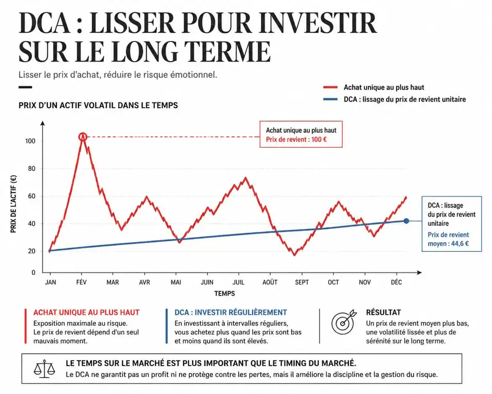 Comparaison graphique entre l'investissement unique et le Dollar Cost Averaging (DCA) en cryptomonnaie