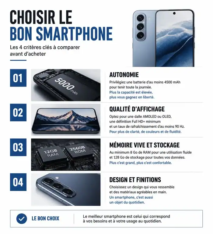 Infographie des critères essentiels pour choisir son téléphone portable par critère