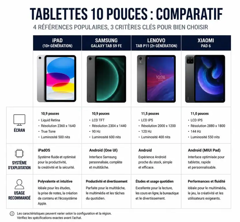 Comparatif des meilleures tablettes 10 pouces : iPad, Samsung, Lenovo et Xiaomi pour choisir selon vos besoins.