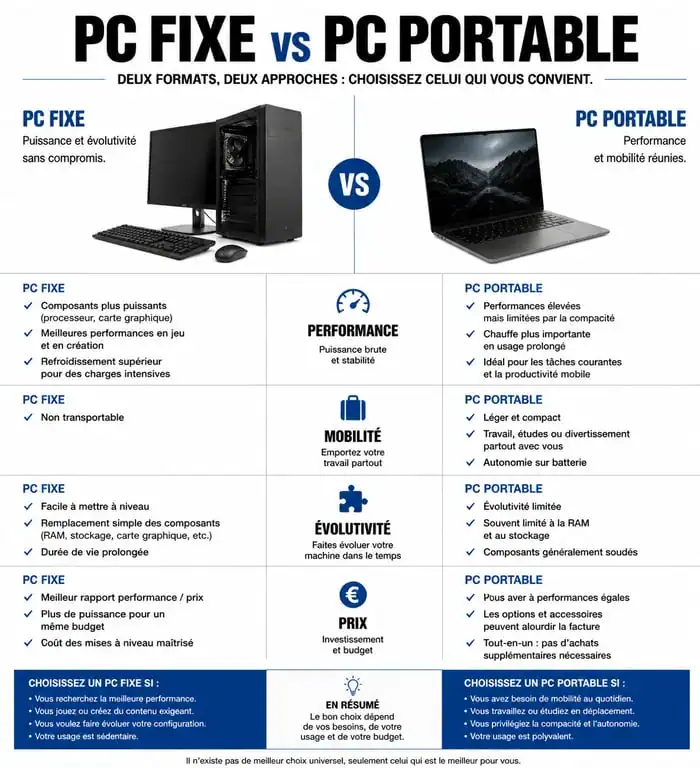 Infographie comparative PC fixe ou portable : performance, mobilité et prix