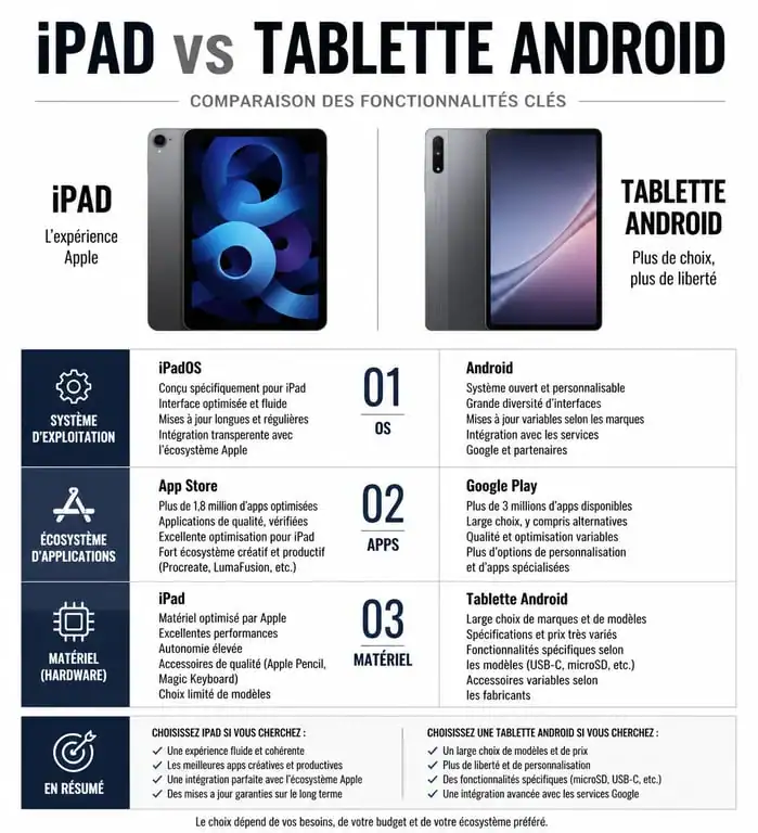 Infographie comparative des différences entre iPad et tablette Android pour aider au choix