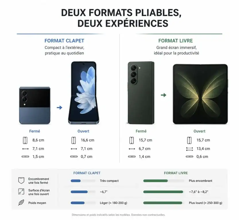 Comparatif visuel smartphone pliable format clapet vs format livre