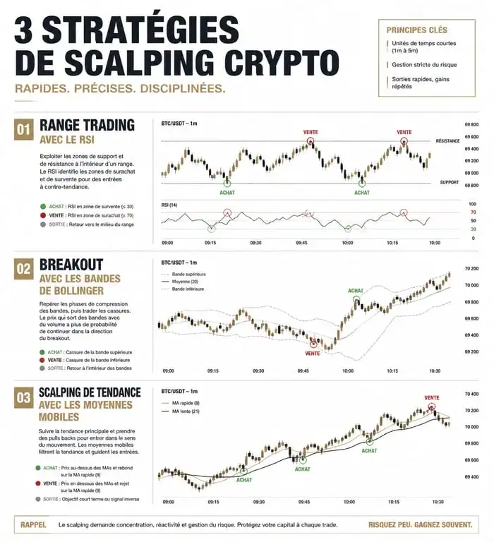 Infographie des stratégies de scalping crypto : Range, Breakout et Tendance