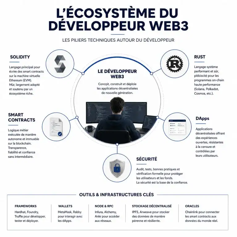 Infographie des compétences et technologies clés pour devenir développeur Web3