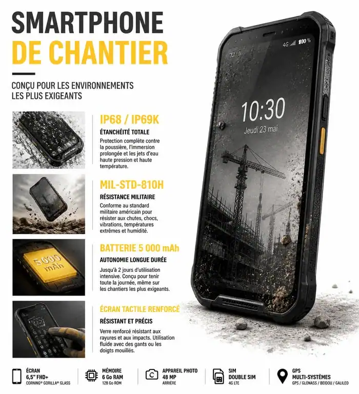 Infographie des caractéristiques techniques d'un smartphone de chantier robuste
