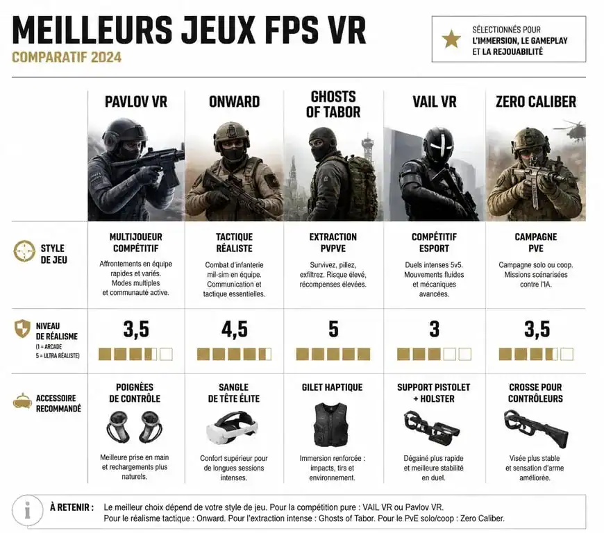 Tableau comparatif des meilleurs jeux FPS VR : Pavlov, Onward, Ghosts of Tabor, VAIL VR et Zero Caliber