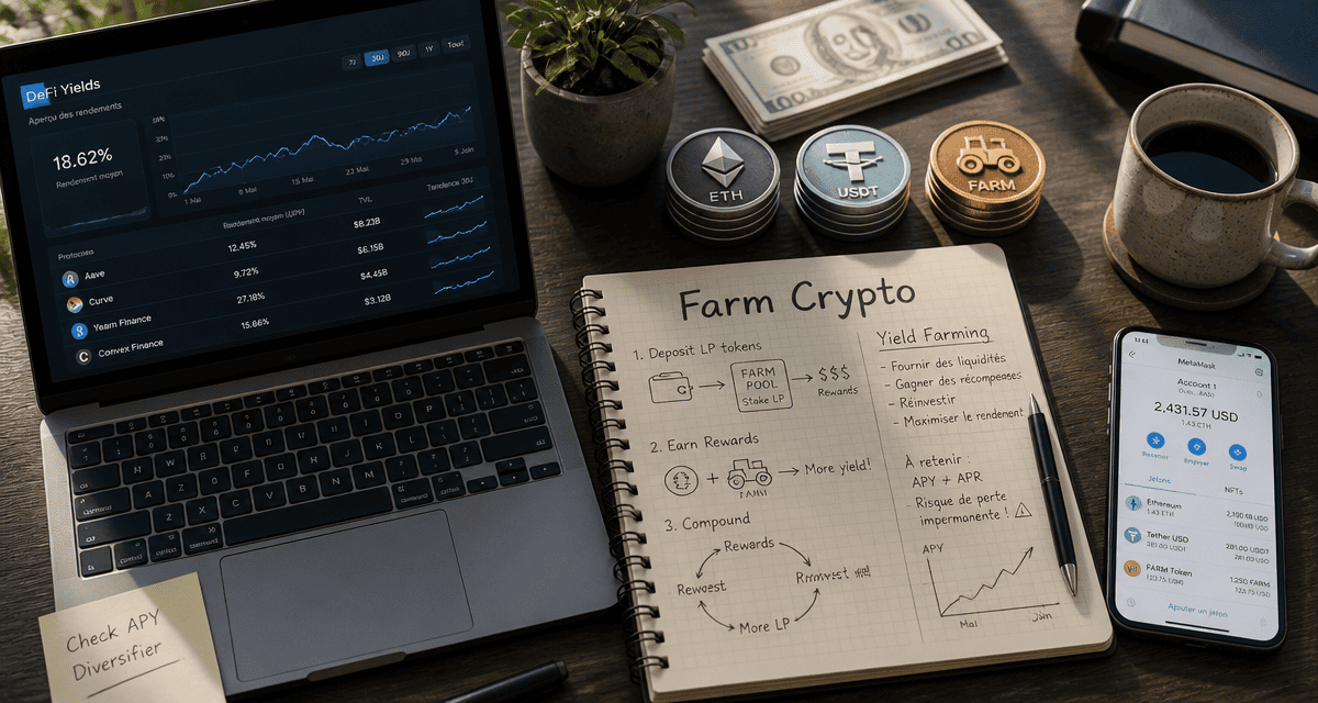 farm crypto ordinateur carnet jetons defi