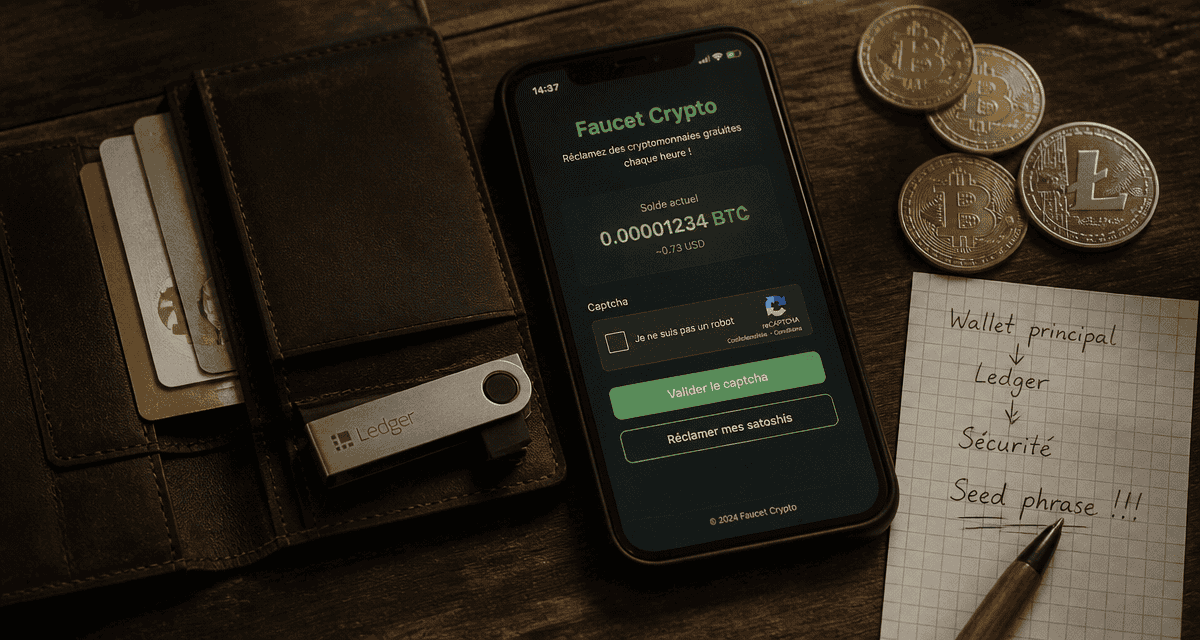 faucet crupto interface sur smartphone et portefeuille crypto