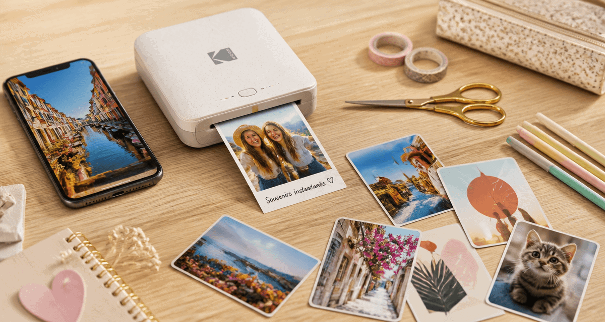 imprimante smartphone avec photos et accessoires sur table