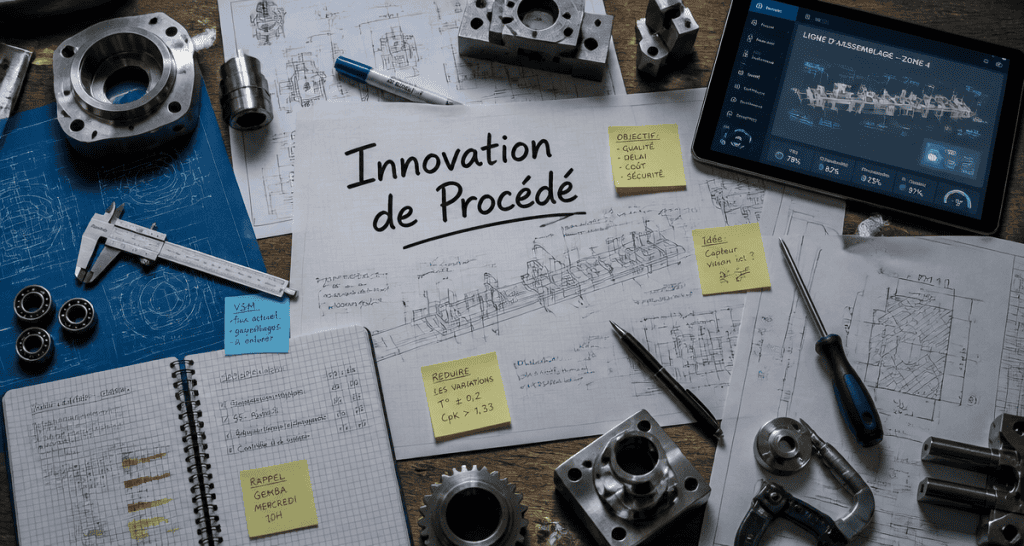 innovation de procédé sur bureau industriel avec plans et outils