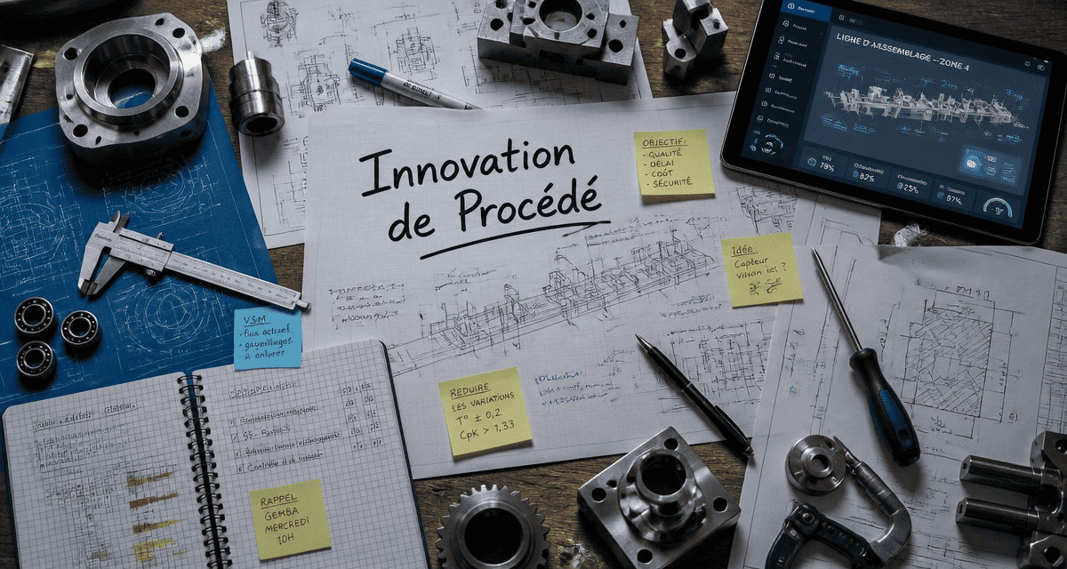 innovation de procédé sur bureau industriel avec plans et outils