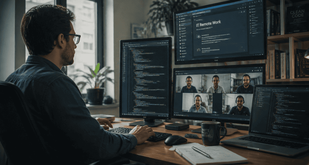 IT remote work développeur à domicile avec écrans