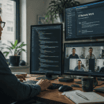 IT remote work développeur à domicile avec écrans